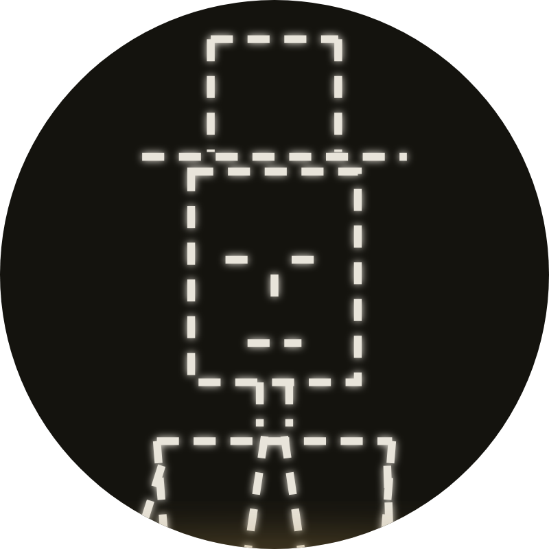 Obadiah Knell, the Sexton — a hatted figure drawn in dashed bone-white lines on chapel dark.